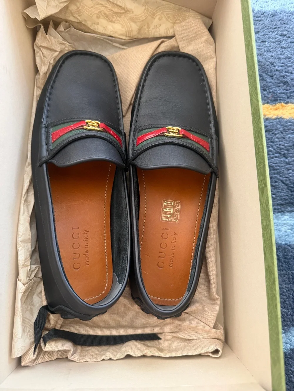 Gucci Black Leather Loafers with Red and Green Web & Gold Bit